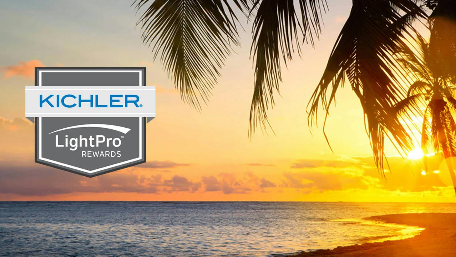 Beach sunset with Kichler LightProw Rewards logo