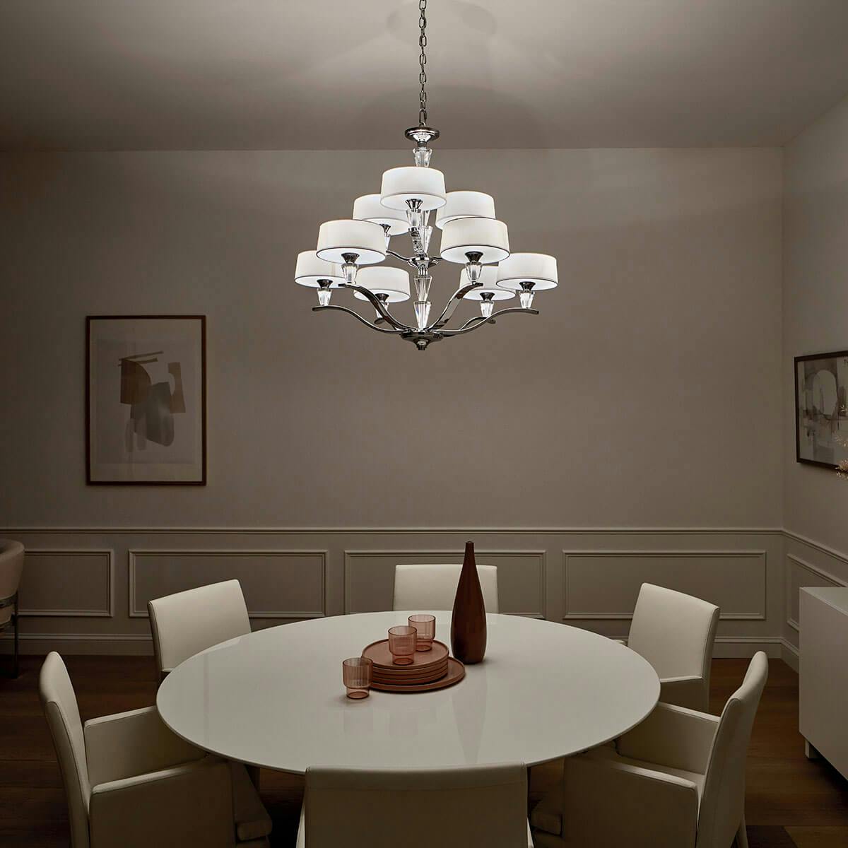 Night time dining room image featuring Crystal Persuasion chandelier 42031CH