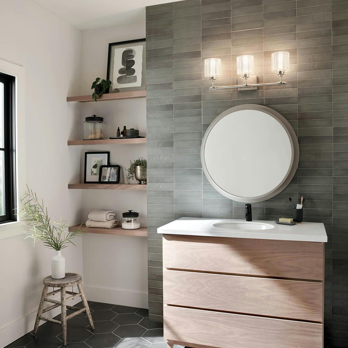 Day time Bathroom with Harvan™ 25" 3 Light Vanity Light with Clear Ribbed Glass Satin Nickel 