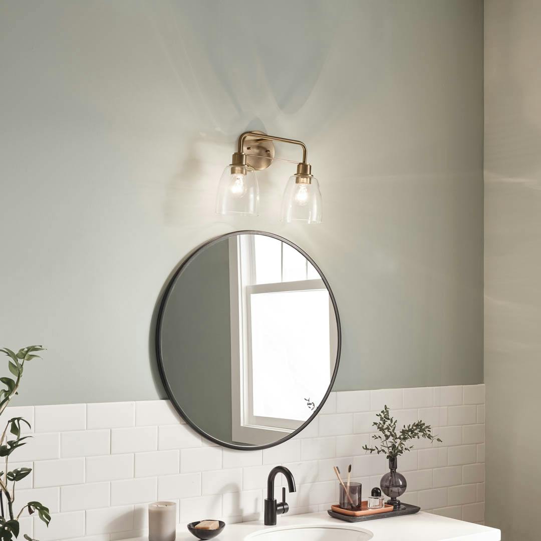 Day time bathroom with Meller 15.25 Inch 2 Light Vanity Light with Clear Glass in Champagne Bronze