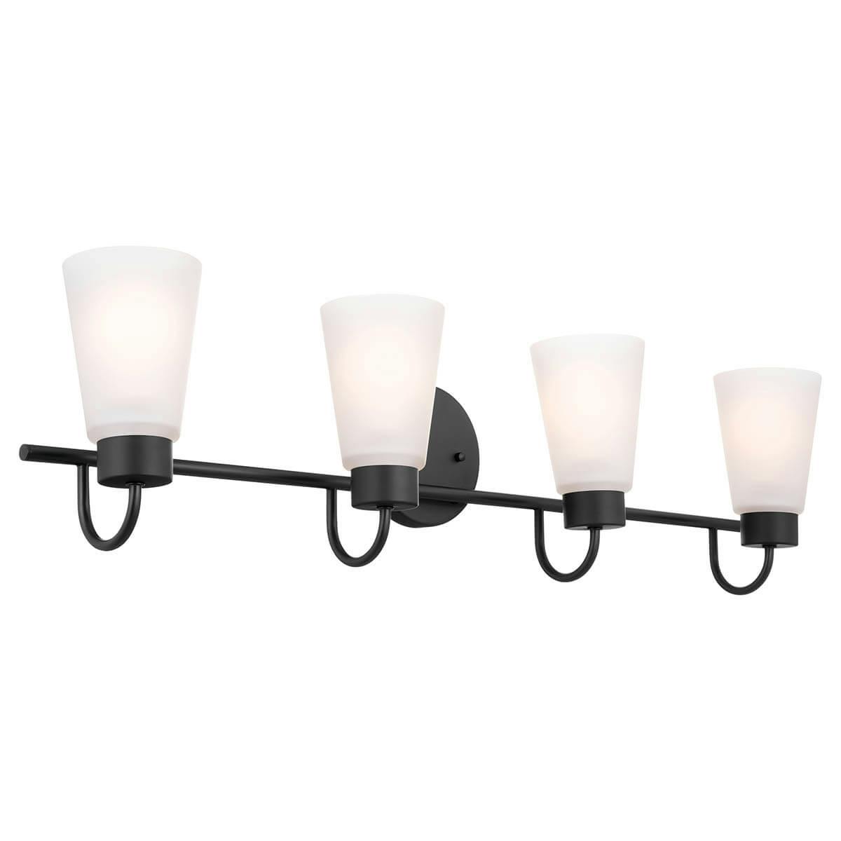 The Erma 28" 4 Light Vanity Light Black facing up on a white background