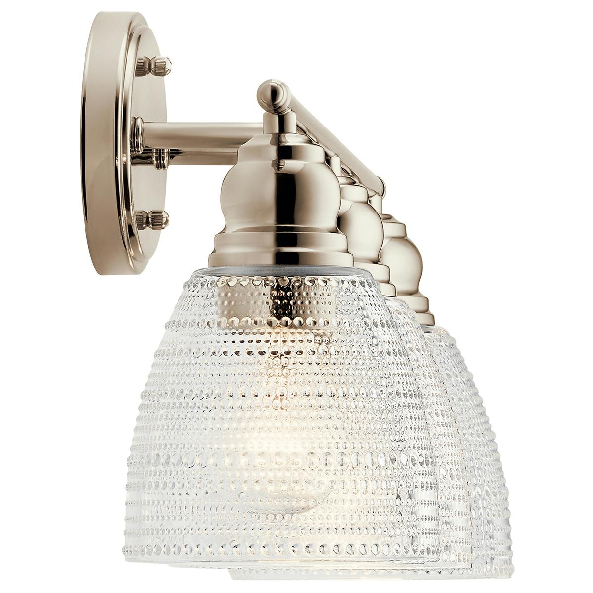Profile view of the Karmarie 3 Light Vanity Light Nickel on a white background