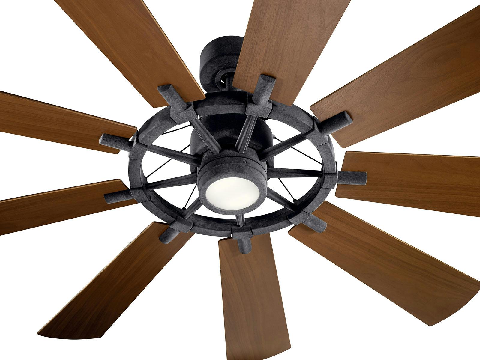 Close up view of the Gentry LED 65" 9 Blade Fan Black on a white background