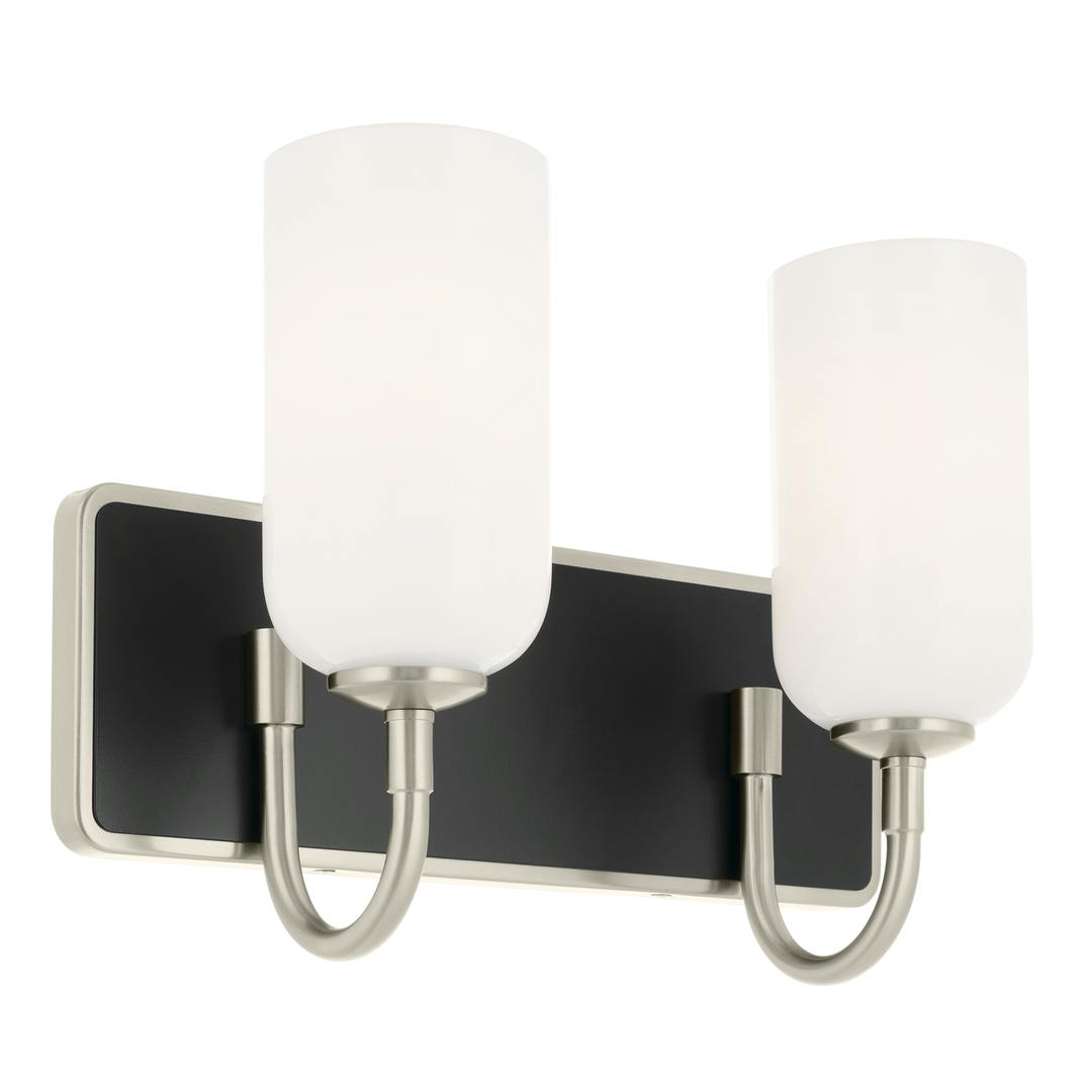Solia 14.25 Inch 2 Light Vanity with Opal Glass in Brushed Nickel with Black on a white background