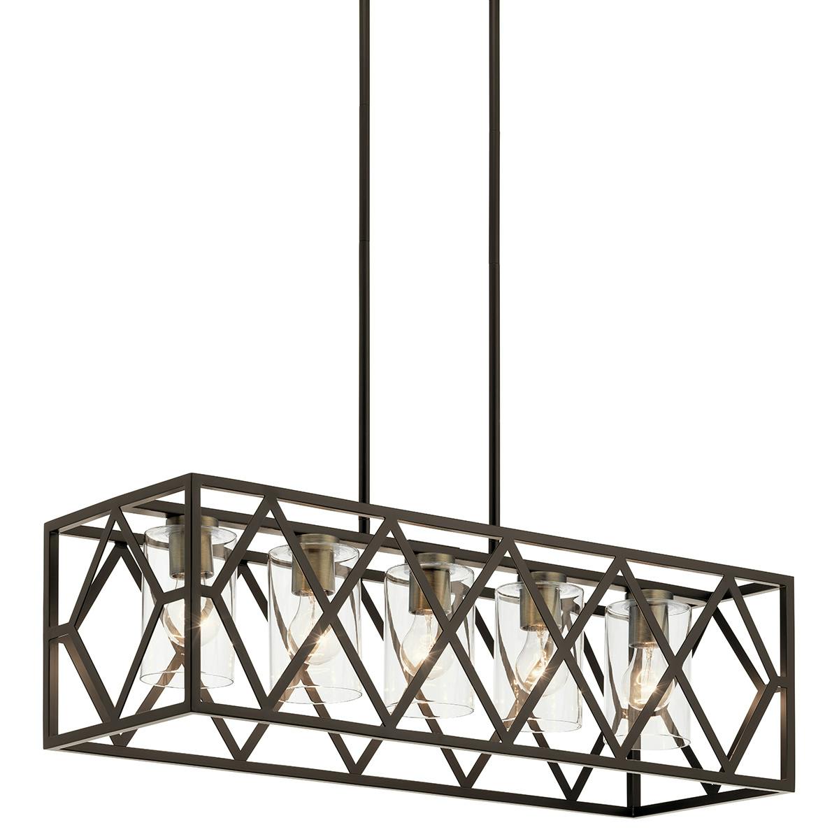 Close up view of the Solander 5 Light Linear Chandelier Bronze on a white background