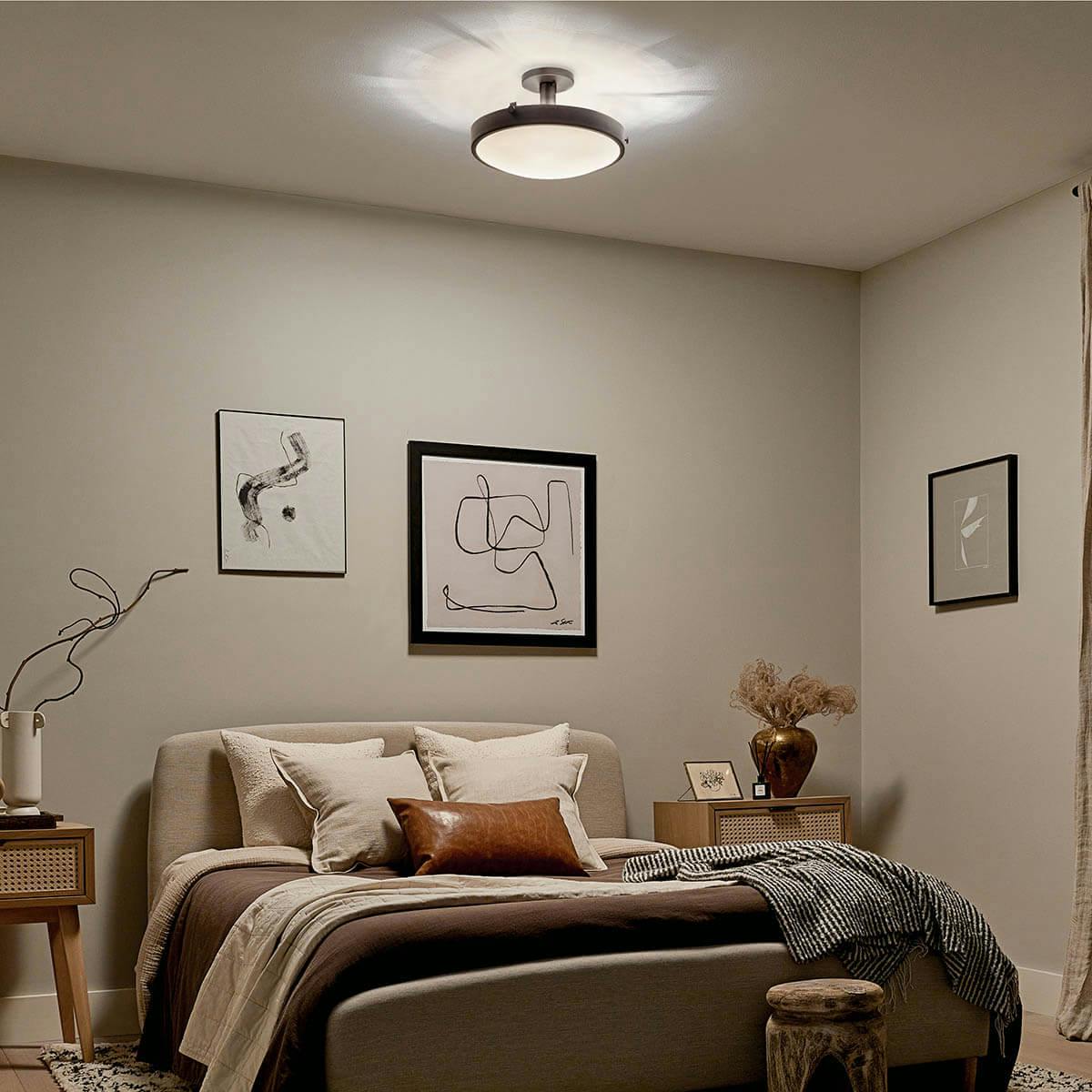 Night time bedroom with Lytham™ 20.5" 3 Light Flush Mount in Black