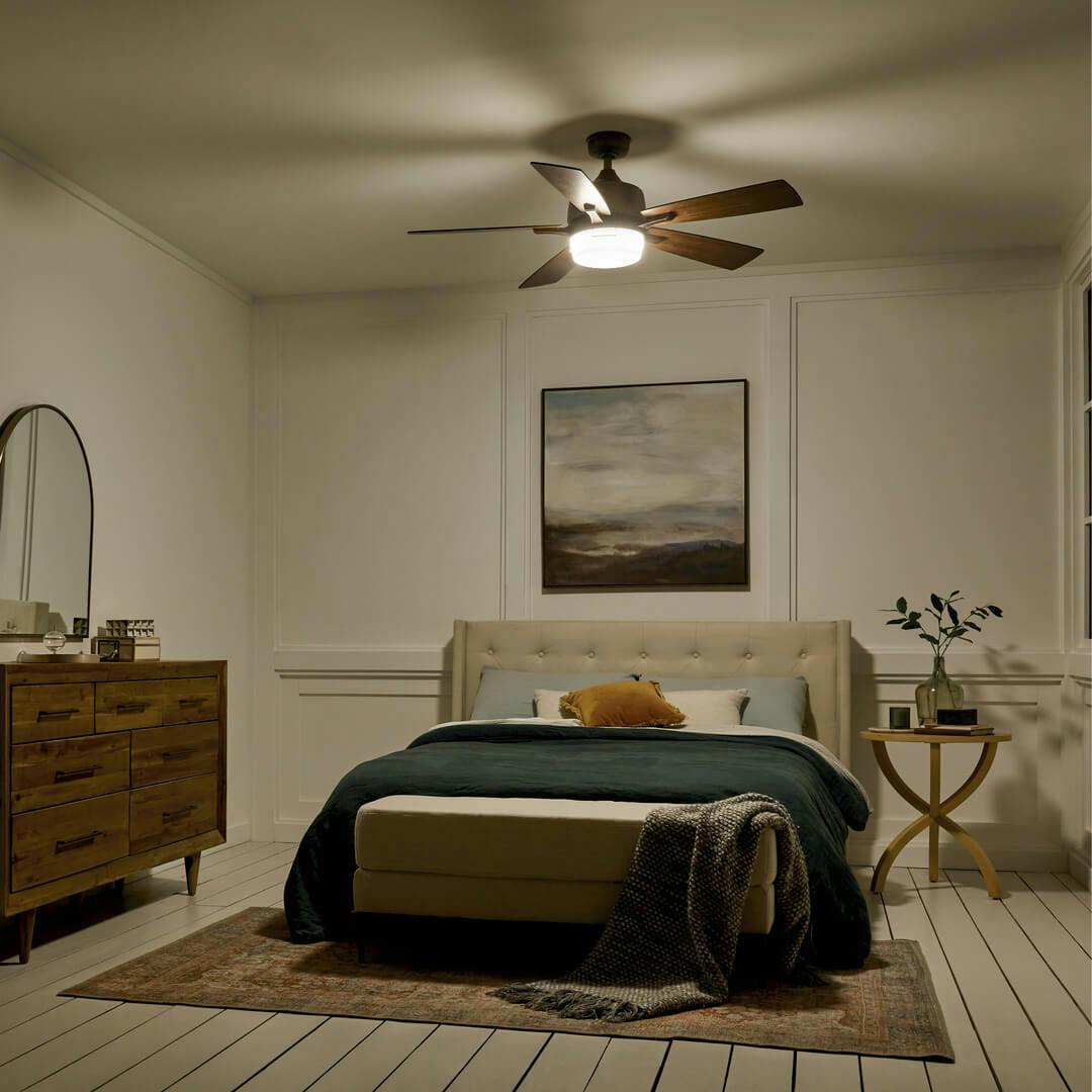 Night time bedroom with the Leeds LED 52" 5 Blade Fan in Bronze