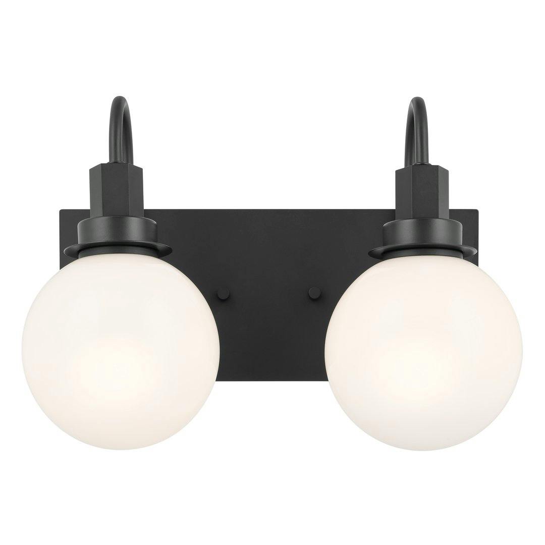 Front view of the Hex 14.25 Inch 2 Light Vanity with Opal Glass in Black on a white background