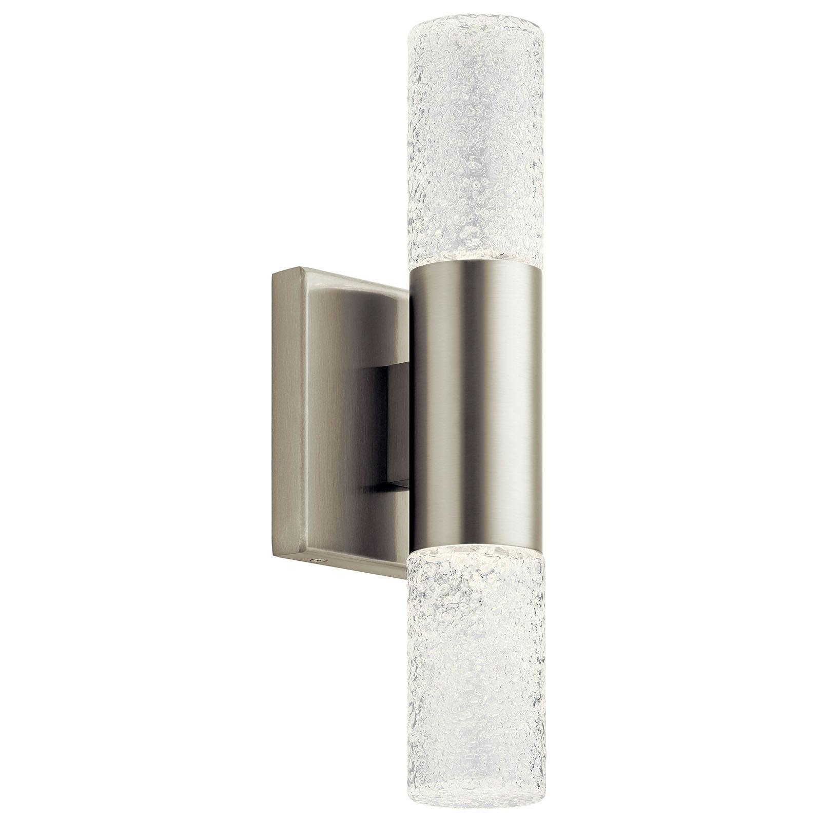 Glacial Glow LED Sconce Brushed Nickel hung vertically on a white background