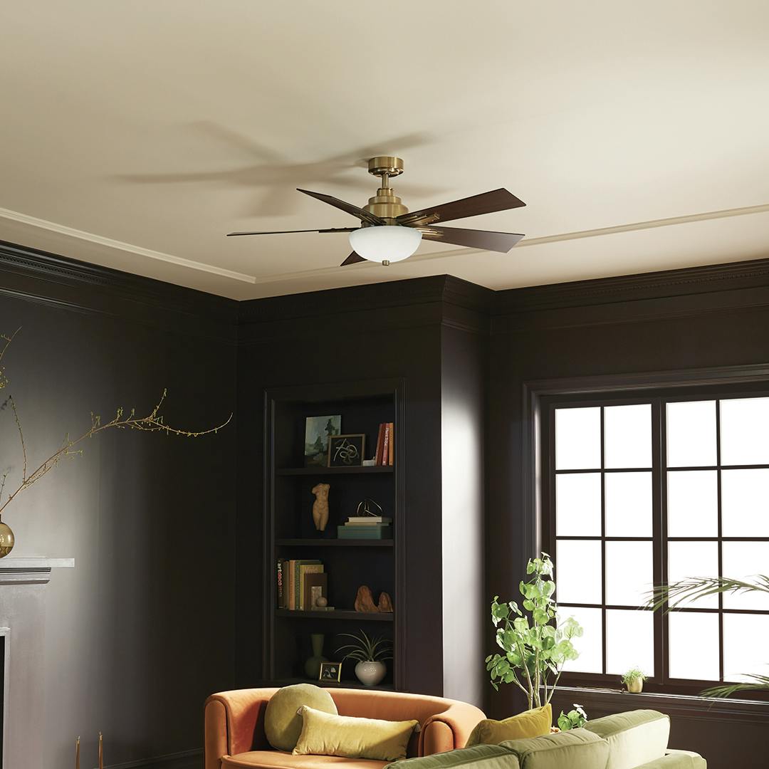 Day time living room with 52" Vinea 5 Blade LED Indoor Ceiling Fan Brushed Natural Brass