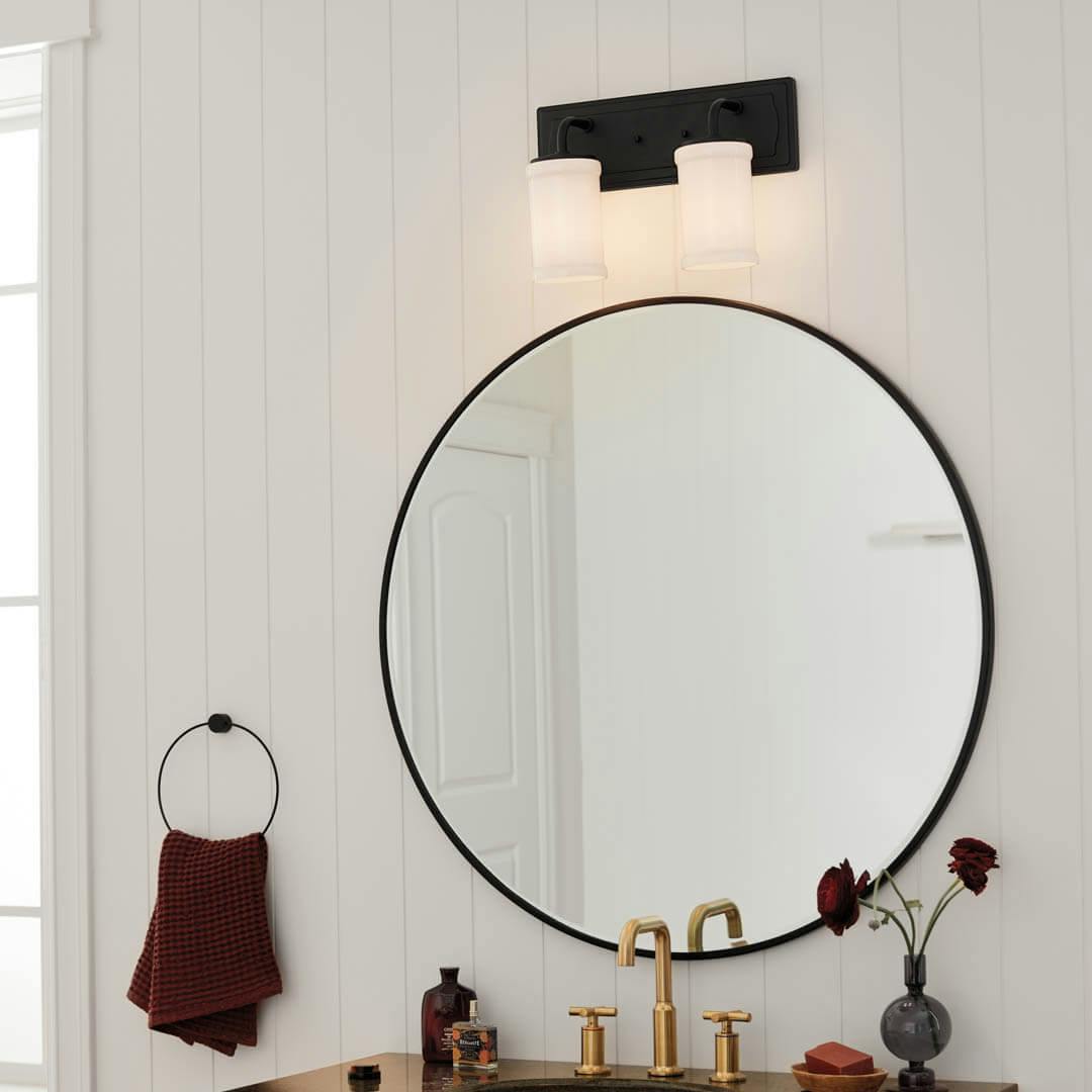 Day time bathroom featuring Vetivene 2 Light Vanity Light Textured Black