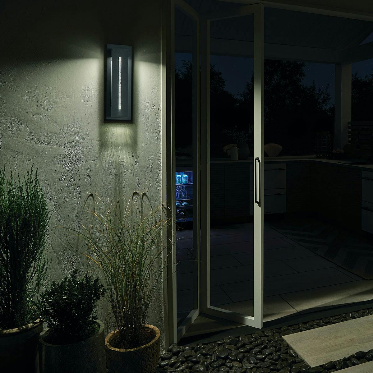 Night time Exterior image featuring River Path outdoor wall light 49945BKTLED