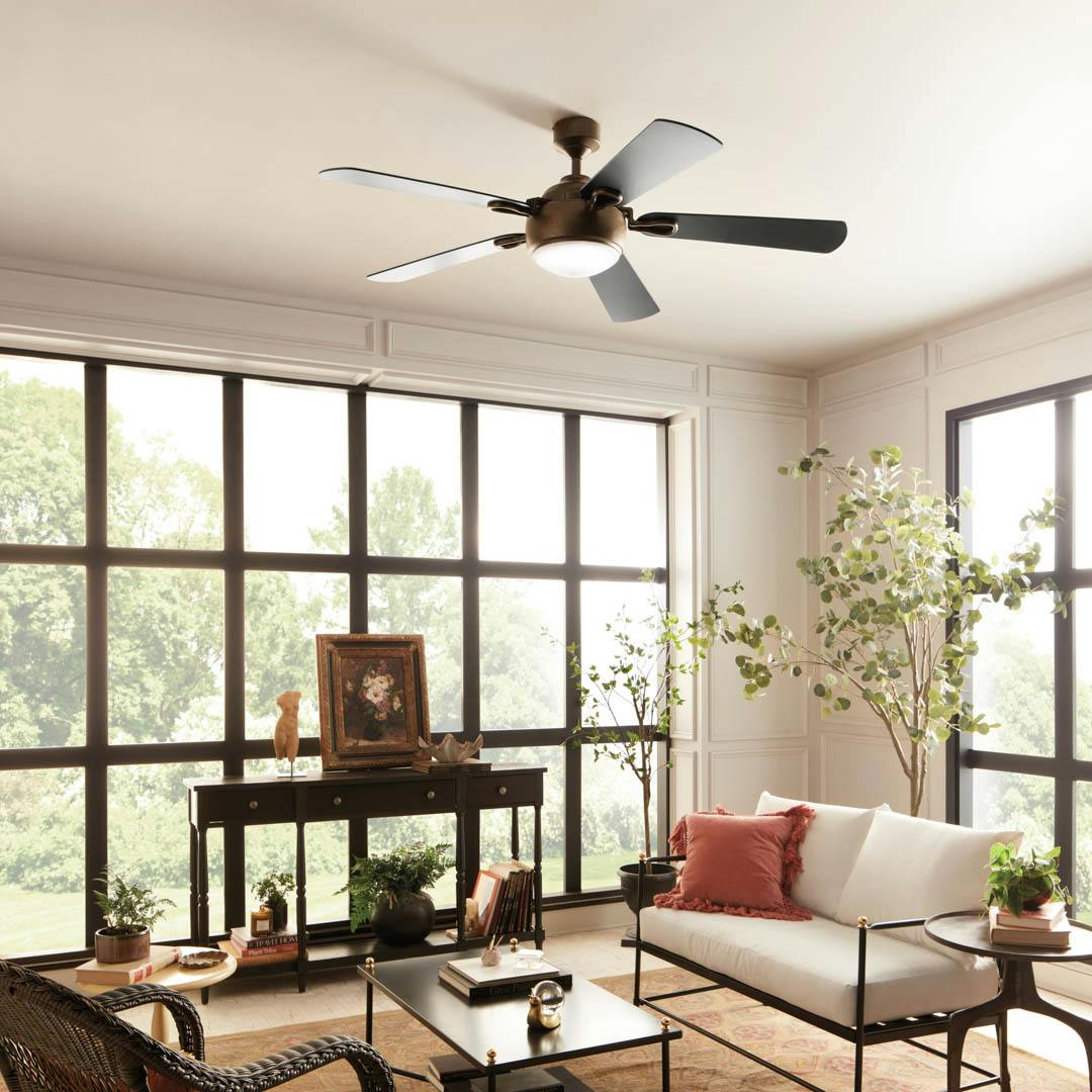 Day time sunroom with 60" Humble 5 Blade LED Indoor Ceiling Fan Character Bronze