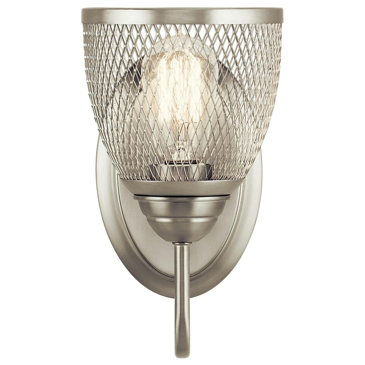 The Voclain 1 Light Wall Sconce Brushed Nickel facing up on a white background