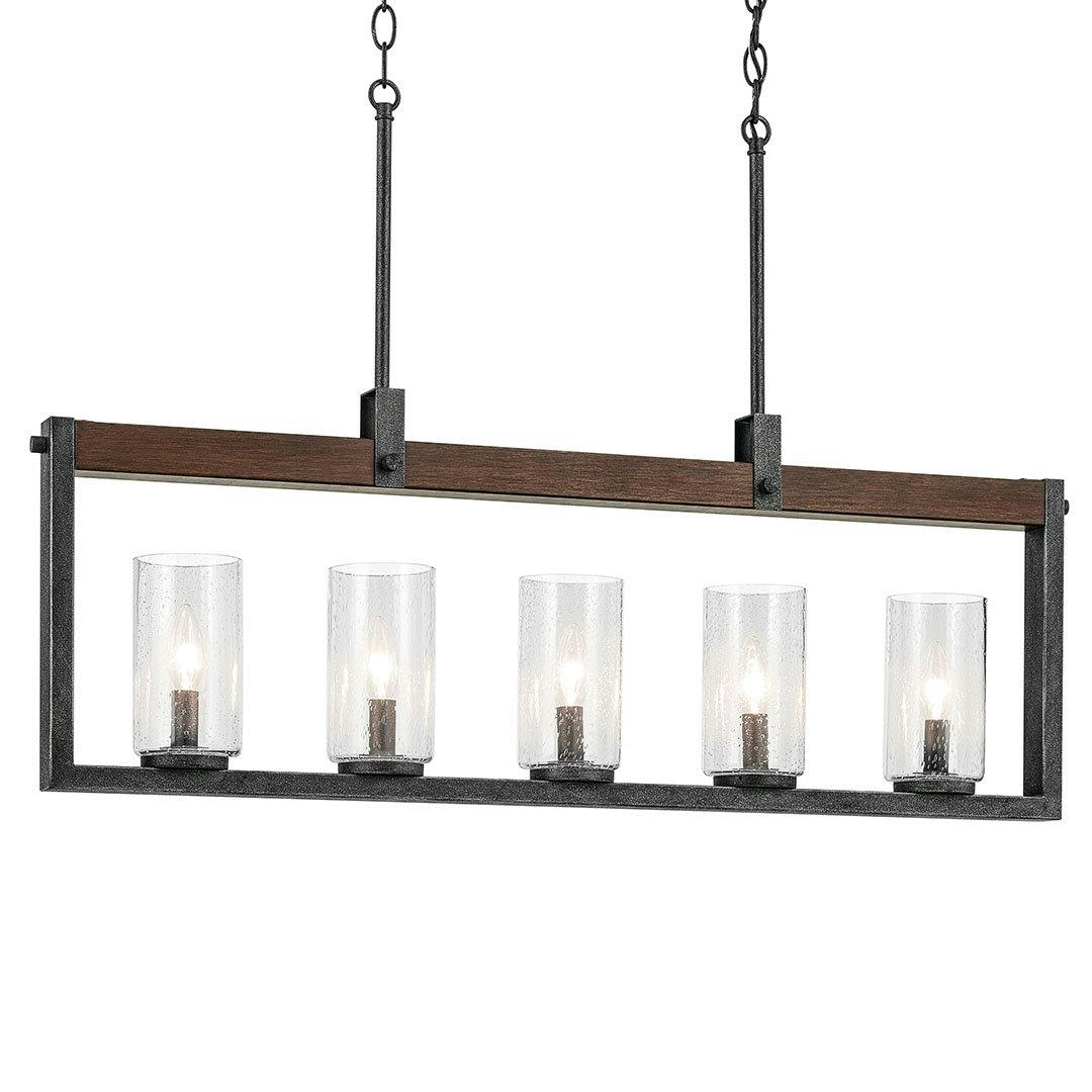 The Barrington 5 Light Linear Chandelier in Distressed Black and Auburn Wood Tone on a white background