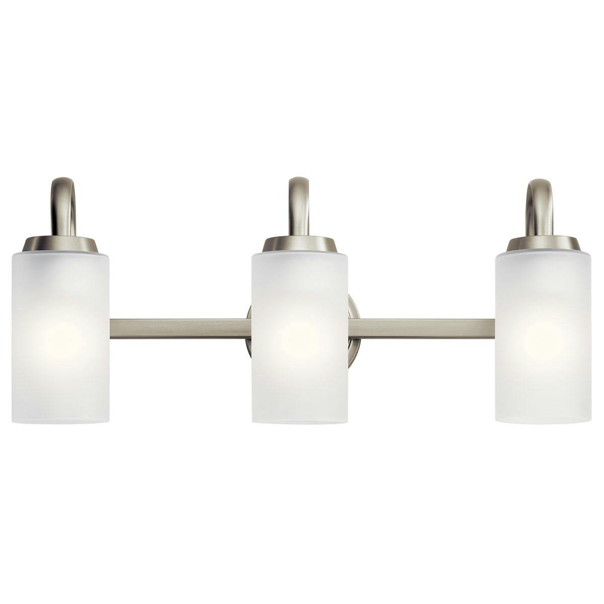 Front view of the Kennewick 3 Light Vanity Light Nickel on a white background