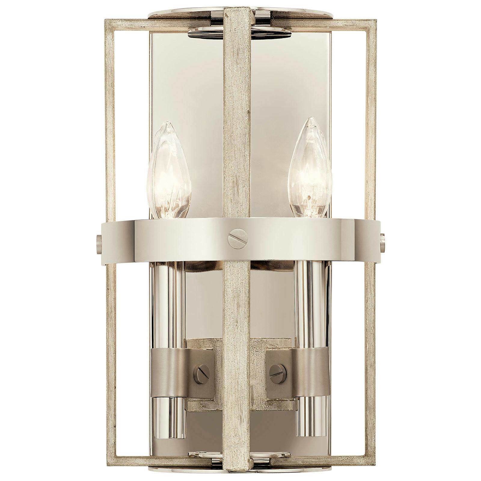 Front view of the Peyton 2 Light Sconce White Washed Wood on a white background