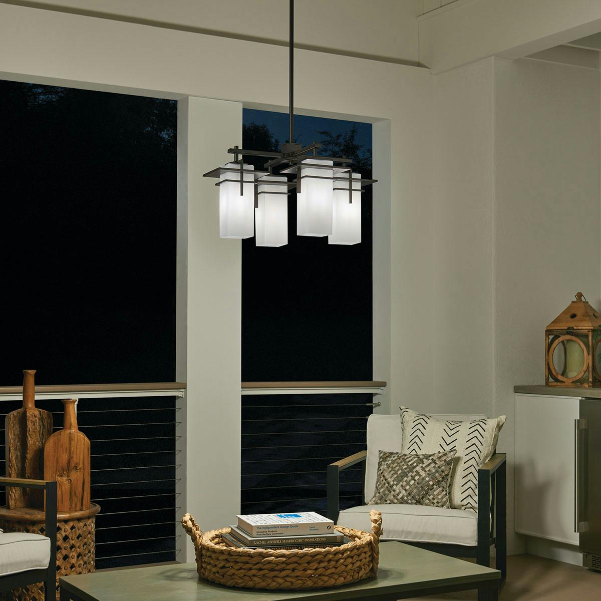 Night time porch image featuring Caterham chandelier 49638OZ