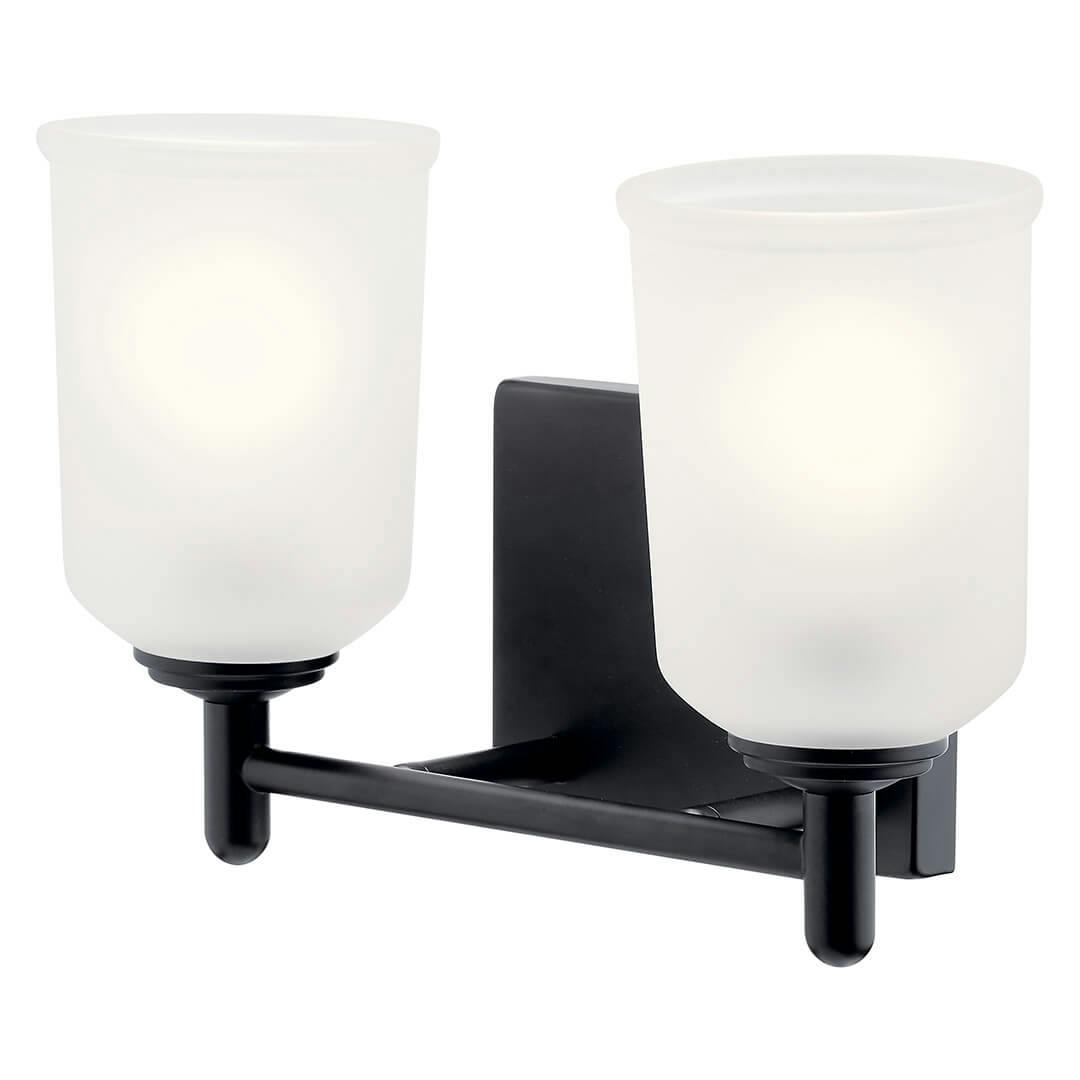 Shailene 12.75 inch 2 Light Vanity Light with Satin Etched Glass in Black on a white background