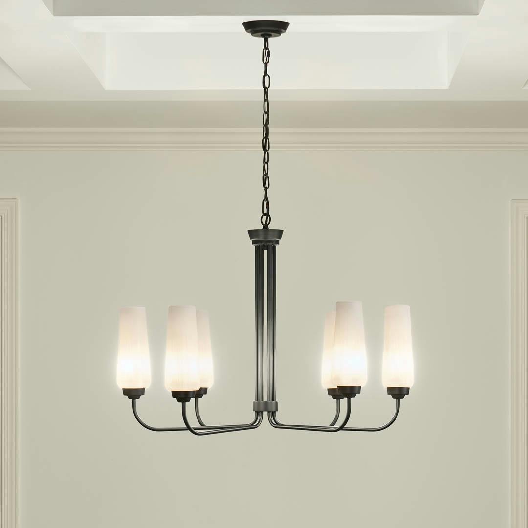 Night time dining room with Truby 6 Light Chandelier Black