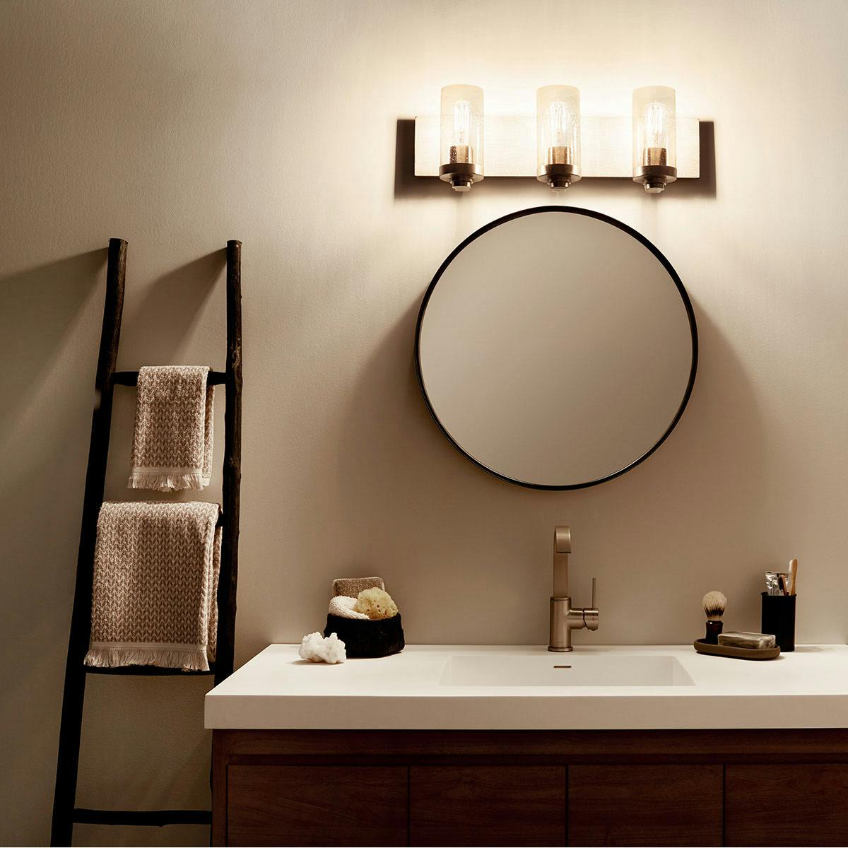 Night time Bathroom featuring Dalwood vanity light 45928CLP