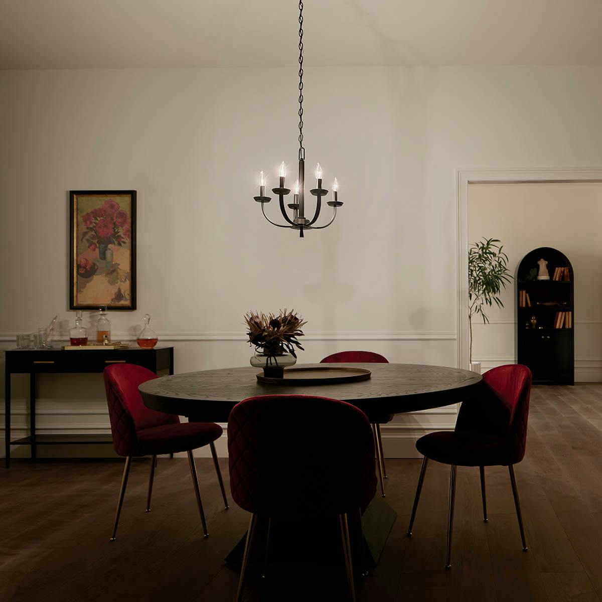night time dining room with The Kennewick™ 5 Light Chandelier Black