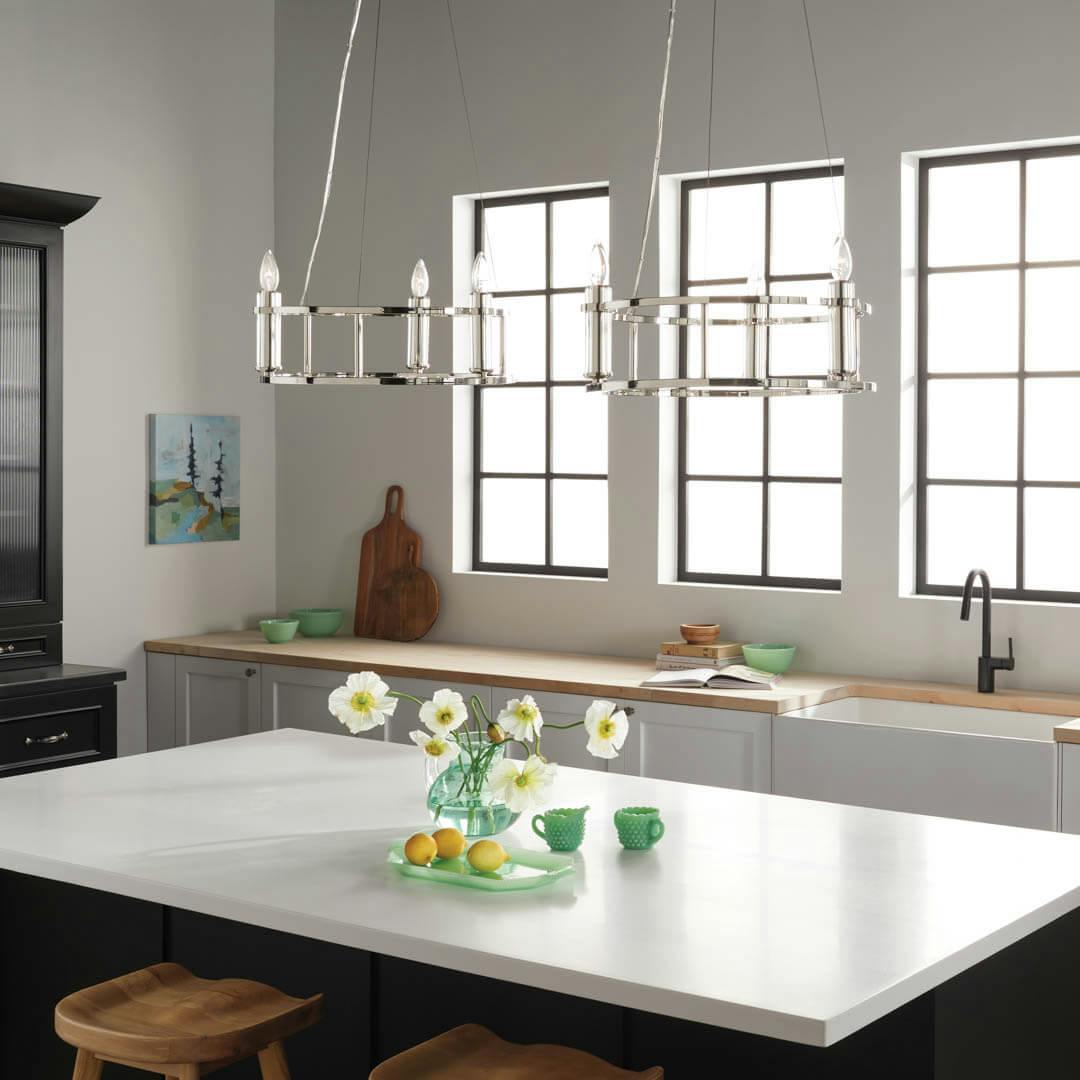 Day time kitchen with Rosalind 19.5" 3 Light Chandelier Polished Nickel