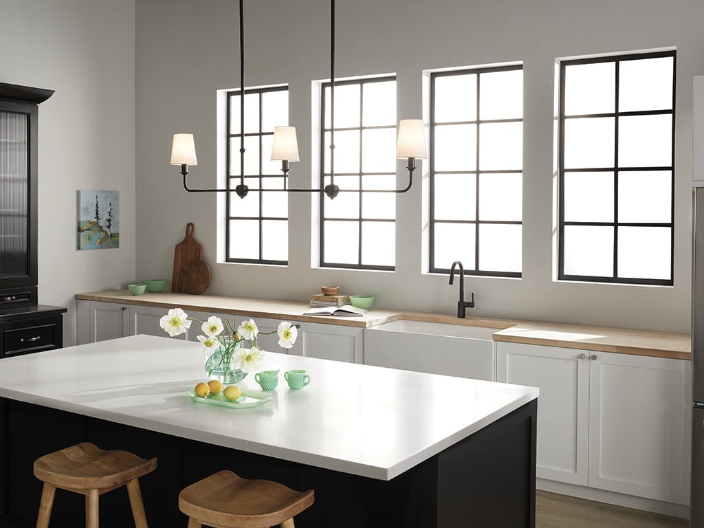 Day time kitchen with Pallas 48.25" 3 Light Linear Chandelier Black
