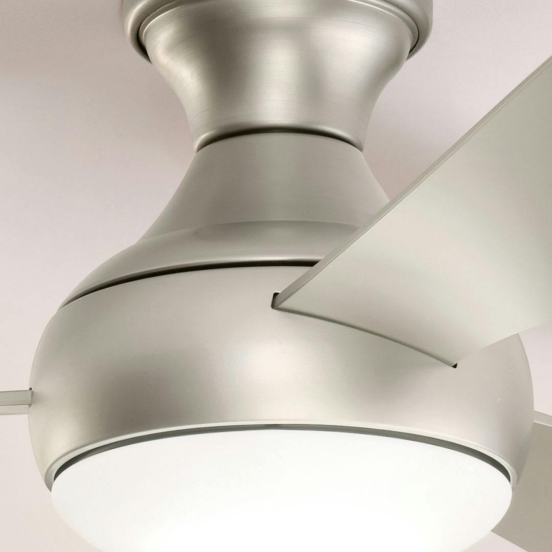 Close up view or the 54 Inch Ample Ceiling Fan with Satin Etched Cased Opal Glass in Brushed Nickel with Silver Blades