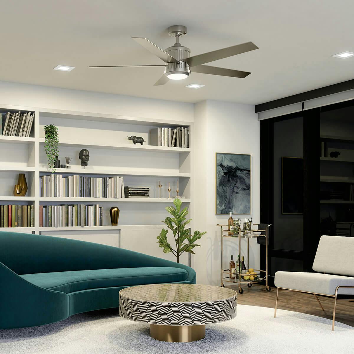 Night time living room image featuring Maeve ceiling fan 300044BSS