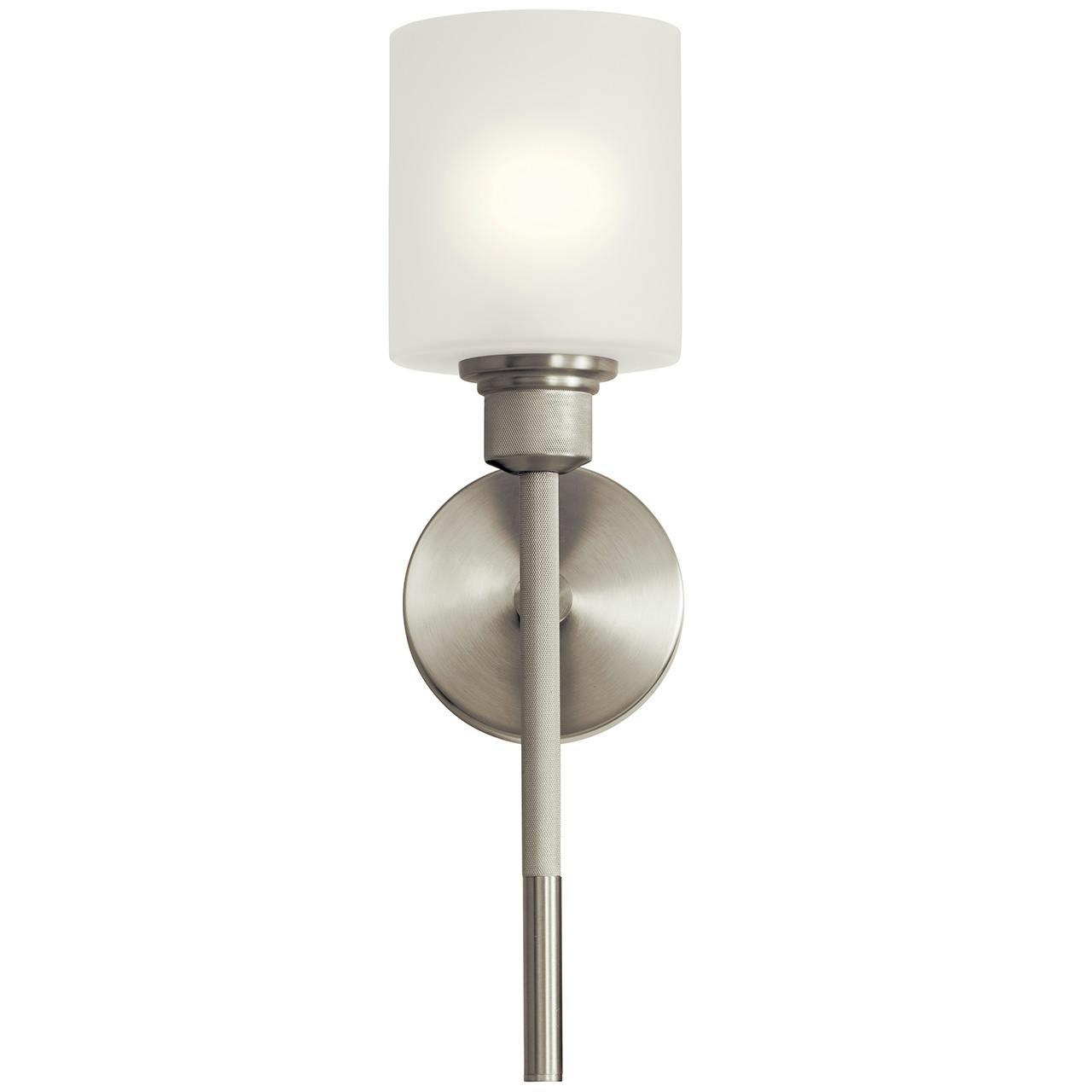 The Lynn Haven 1 Light Sconce Brushed Nickel facing up on a white background