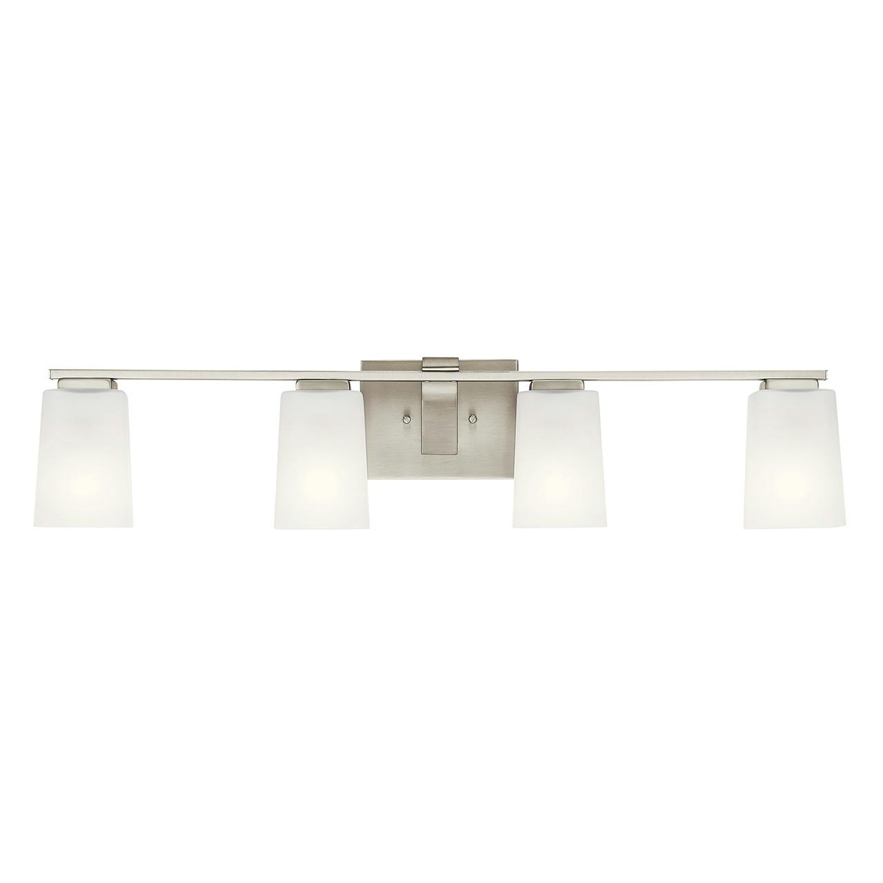 The Roehm 4 Light Vanity Light Brushed Nickel facing down on a white background