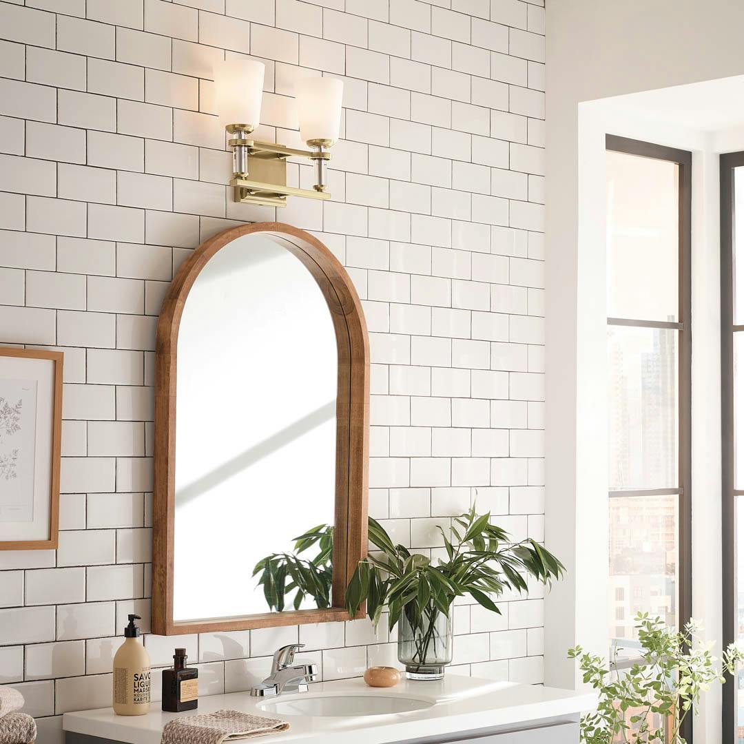 Day time bathroom with Rosalind 11.5" 2 Light Vanity Light Brushed Natural Brass