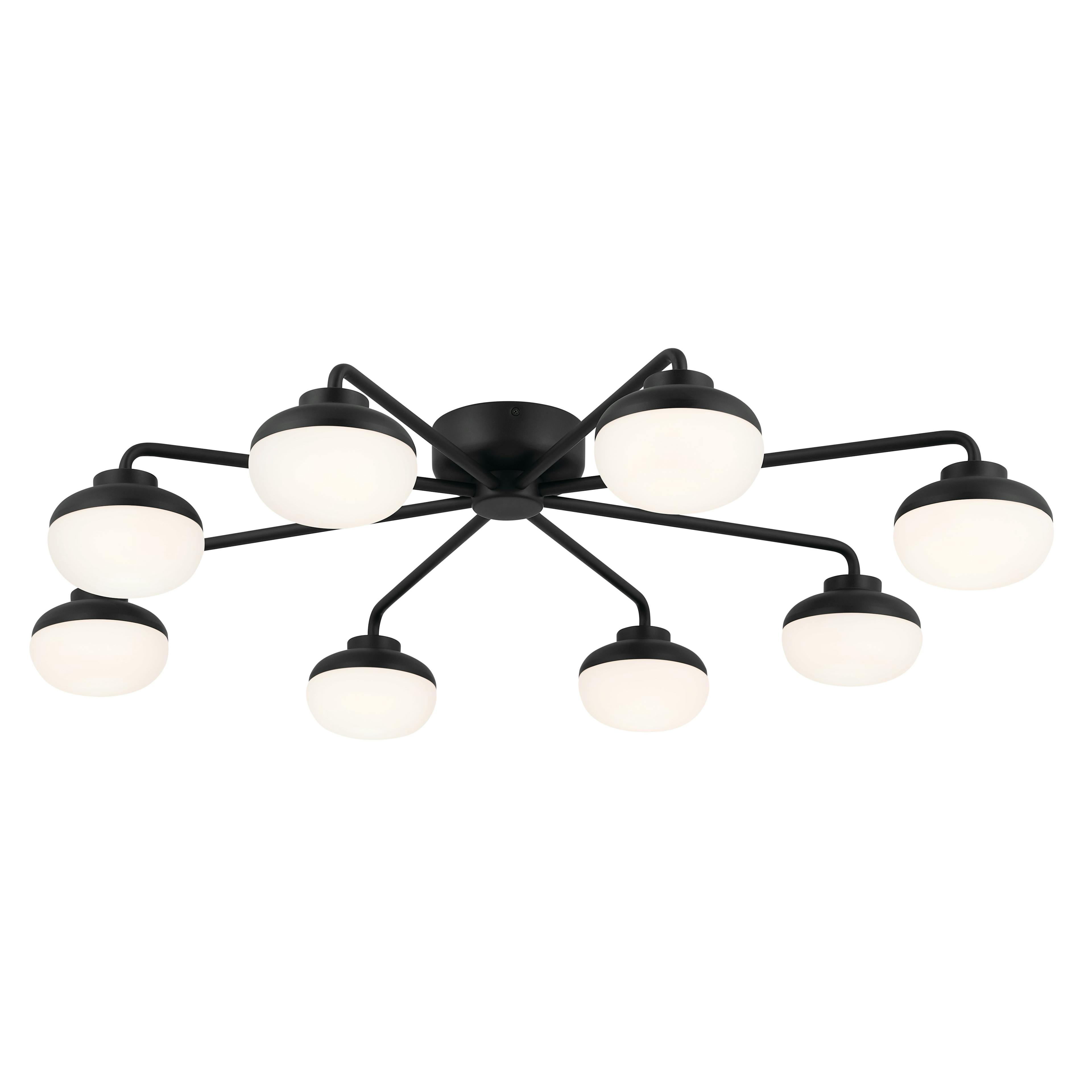 Remy 41 Inch 8 Light LED Flush Mount with Satin Etched Cased Opal Glass in Black on a white background