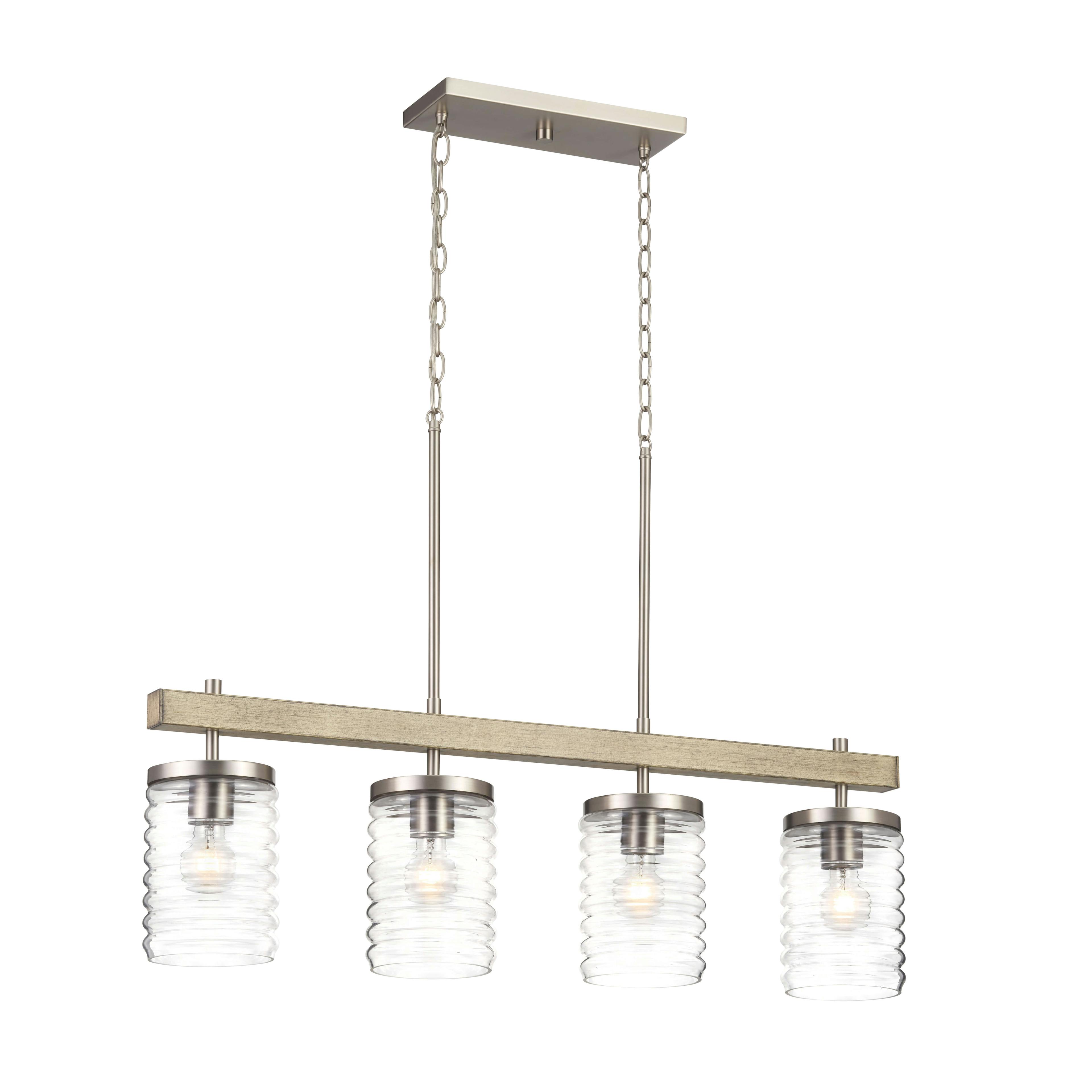Maritime 4 Light Linear Chandelier in Brushed Nickel and Distressed Antique Gray with Ribbed Glass on a white background