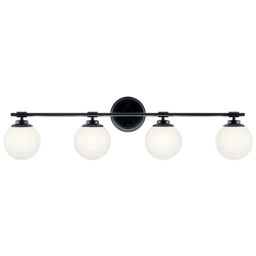 The Benno 34 Inch 4 Light Vanity Light with Opal Glass in Black mounted down on a white background