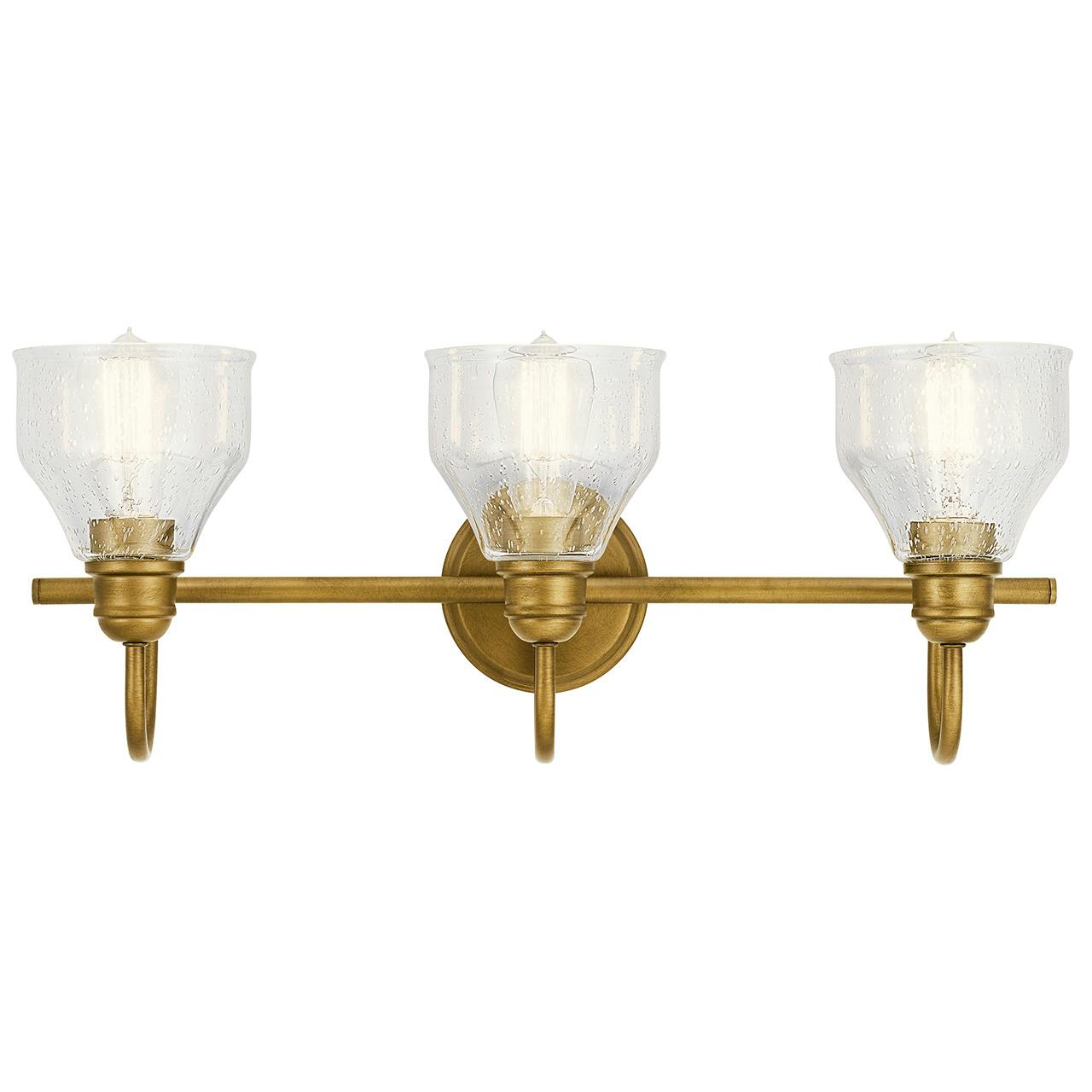 The Avery 3 Light Vanity Light Natural Brass facing up on a white background