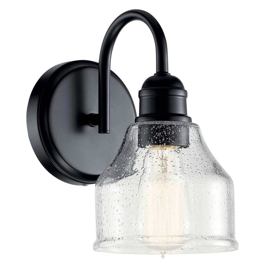 The Avery 9.5 Inch 1 Light Wall Sconce with Clear Seeded Glass in Black on a white background