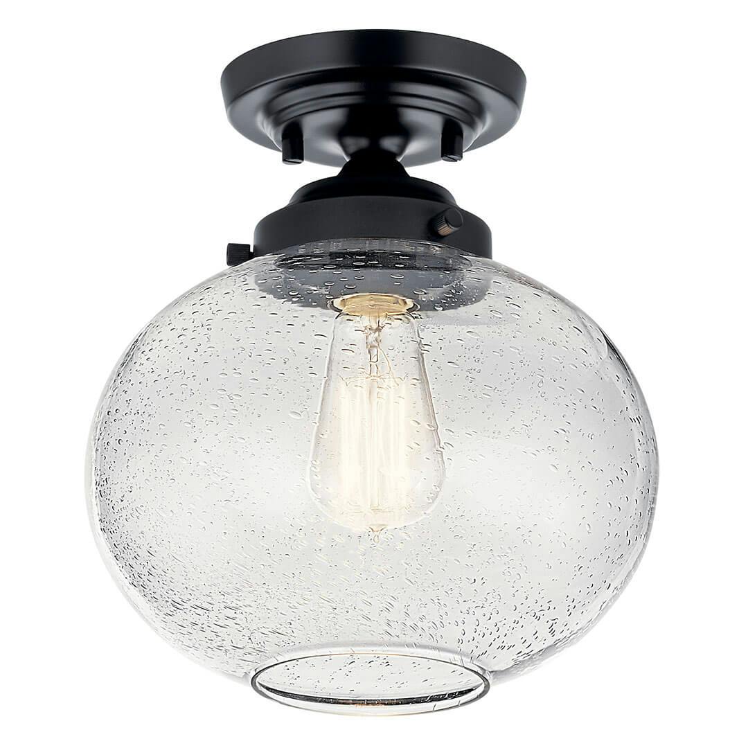 The Avery 11 Inch 1 Light Semi Flush with Clear Seeded Glass in Black on a white background