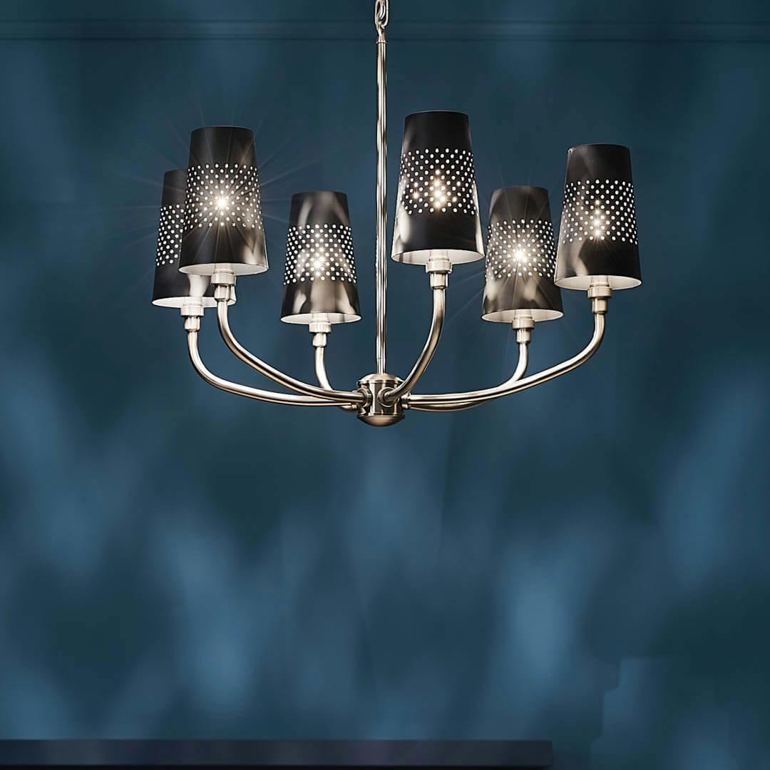 Night time dining room with Adeena 26.75" 6 Light Chandelier Classic Pewter