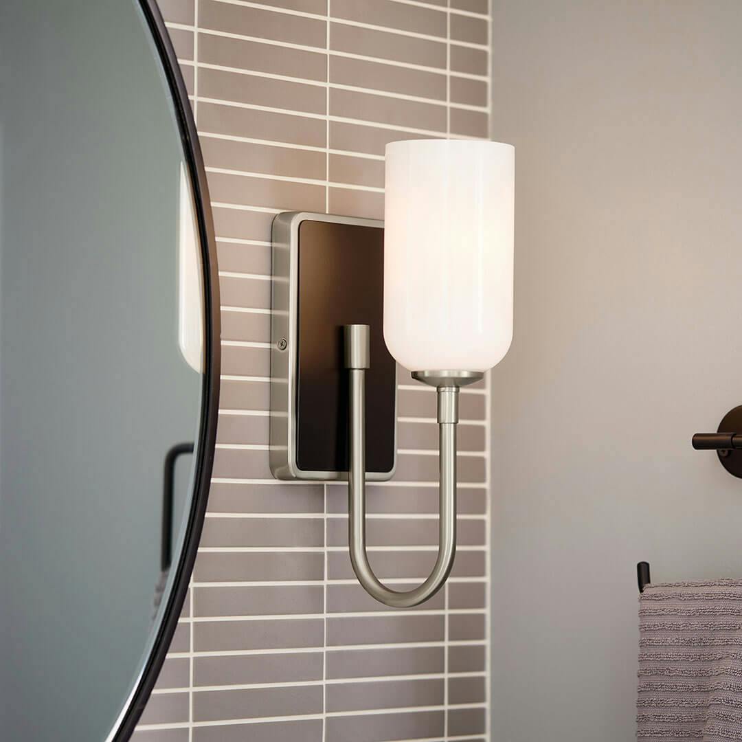 Day time bathroom with the Solia 13.5 Inch 1 Light Wall Sconce with Opal Glass in Brushed Nickel with Black