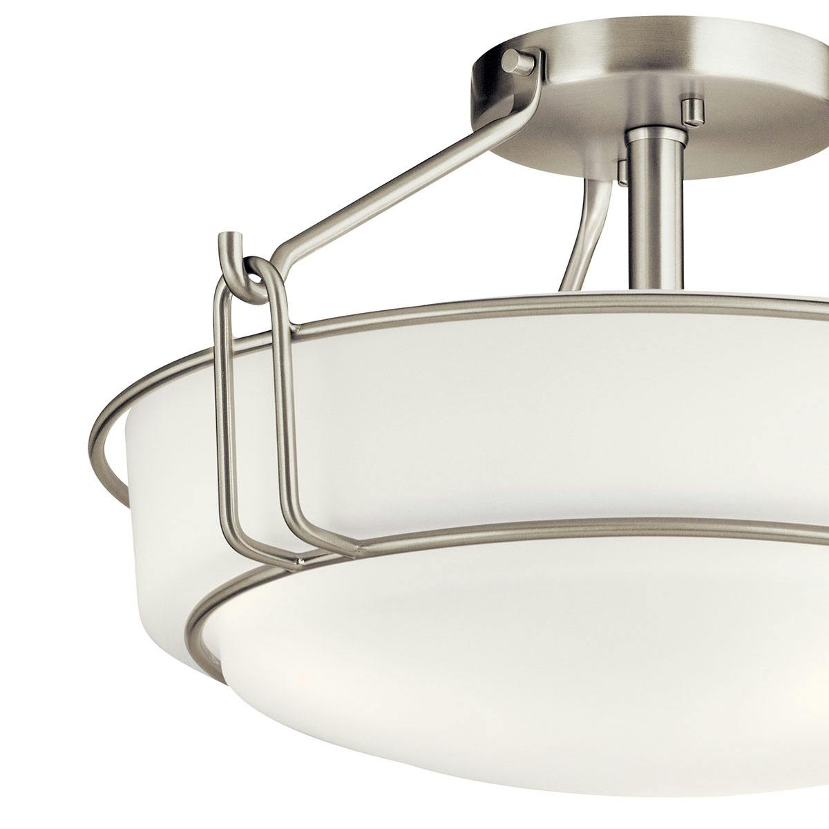 Close up view of the Alkire Semi Flush in Brushed Nickel on a white background