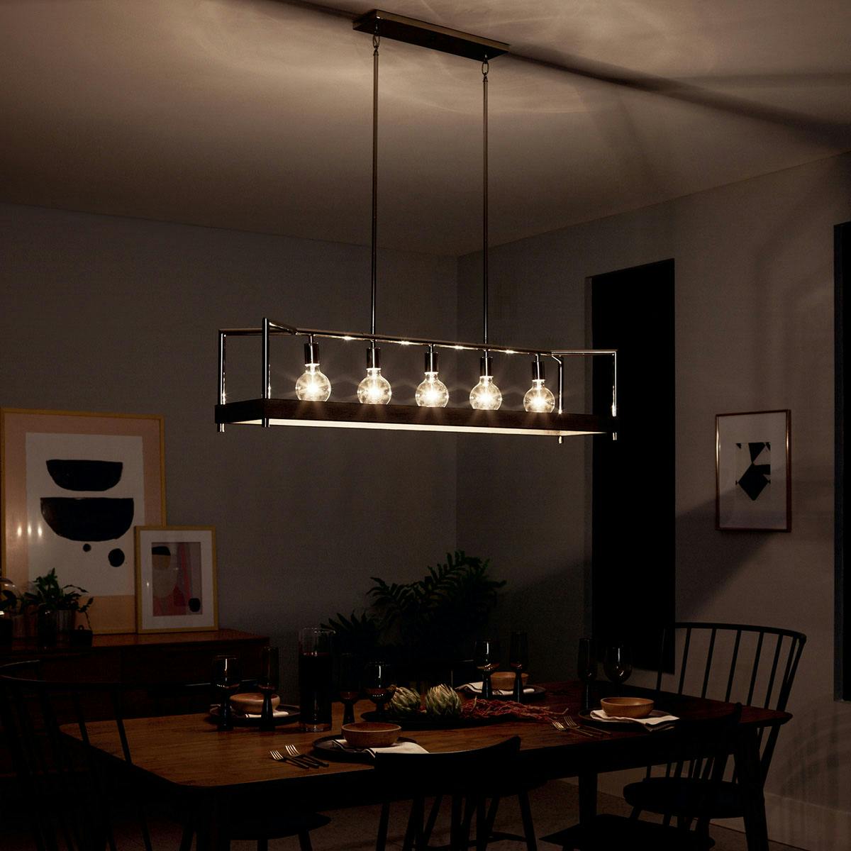 Night time dining room image featuring Tanis chandelier 52091DAG