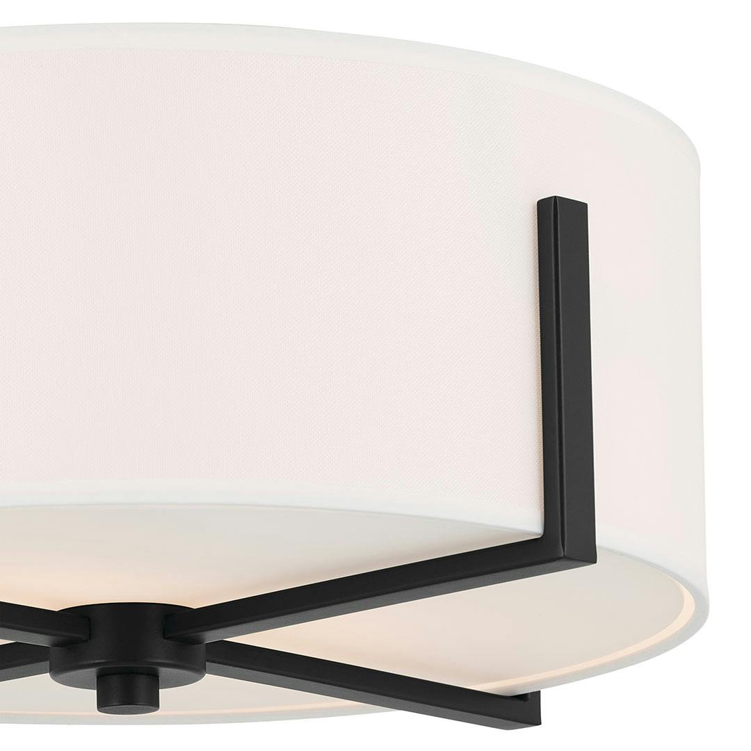 Close up view of the Malen 15.5 Inch 2 Light Flush Mount with White Fabric Shade in Black on a white background