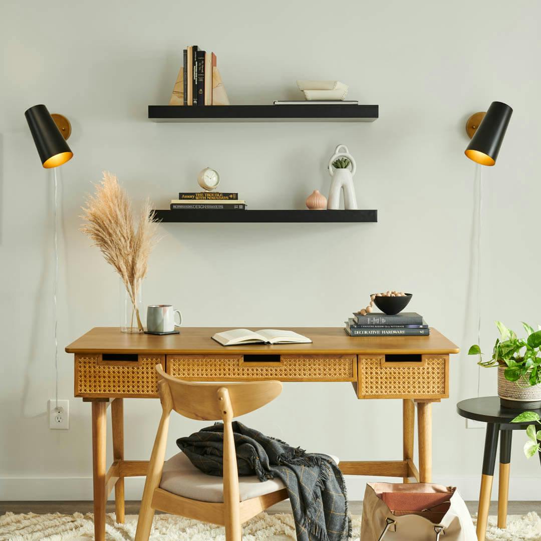 Day time home office with Salema 9 Inch 1 Light  Plug-In Wall Sconce in Natural Brass and Matte Black