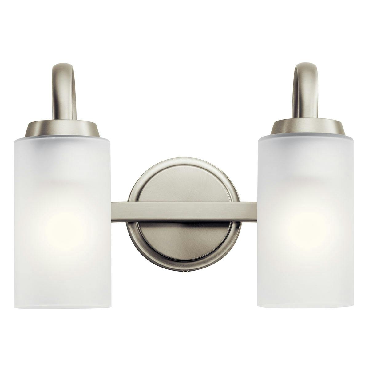 Front view of the Kennewick 2 Light Vanity Light Nickel on a white background