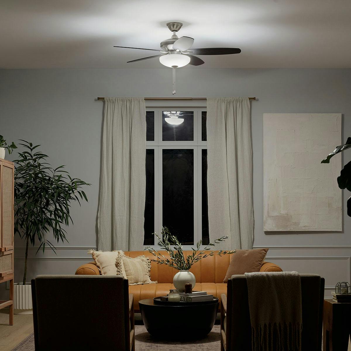 Night time living room featuring Renew ceiling fan 330161BSS