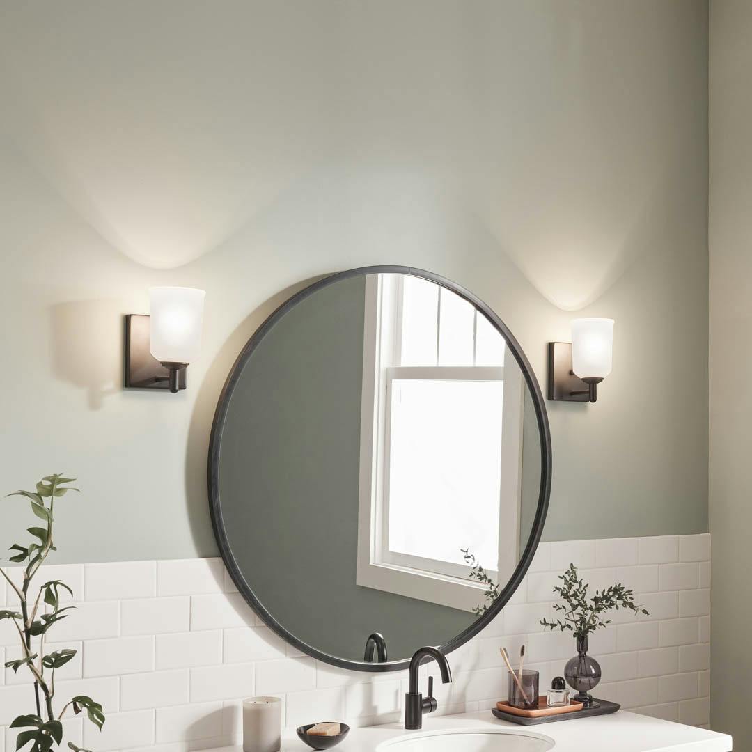 Day time bathroom with Shailene 8.25 inch 1 Light Wall Sconce with Satin Etched Glass in Black
