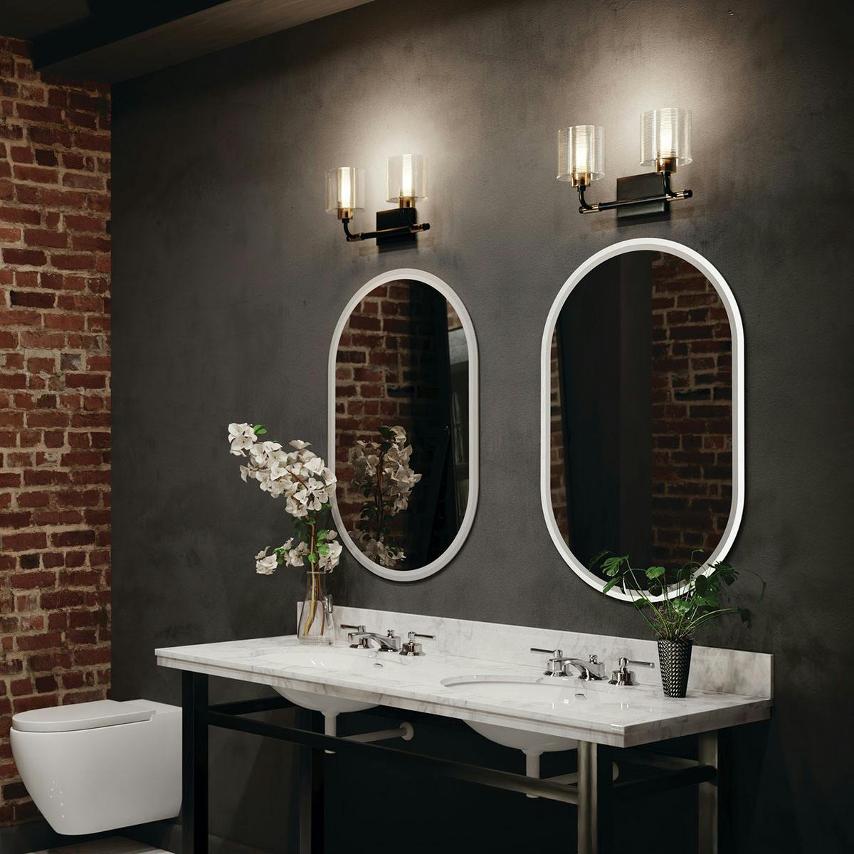 Night time Bathroom with Harvan™ 15" 2 Light Vanity Light with Clear Ribbed Glass Black 