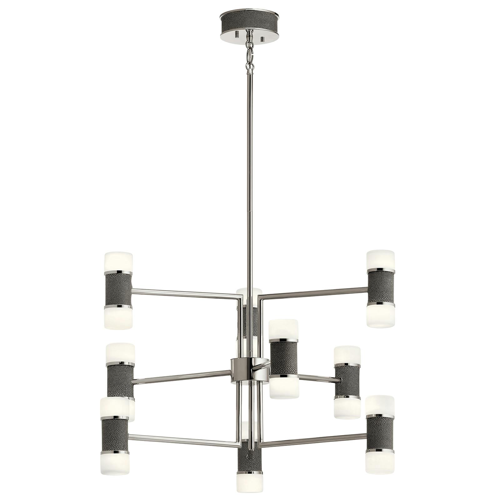 Profile view of the Vey 9 Light 3 Tier Chandelier Nickel on a white background